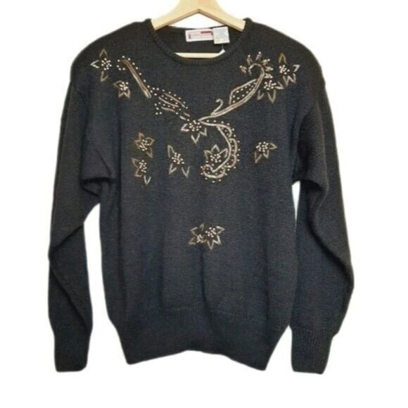 VINTAGE New w Tags Fuzzy Sweater Black Floral Embellished Sz L - Picture 1 of 8